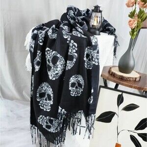 Black skull scarf skeleton western large shawl wrap with tassel fringe